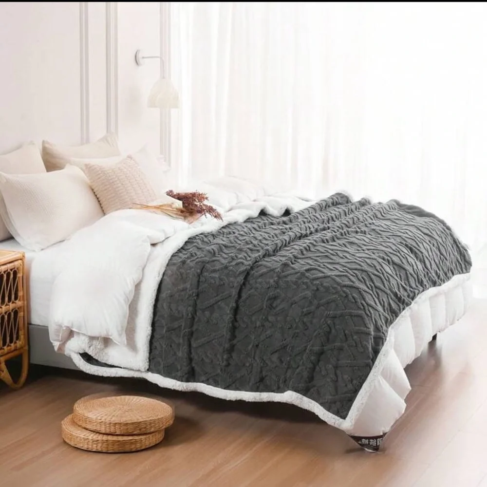 Grey Sherpa Fleece Throw Blanket Cable Knit Pattern 59” x 79” New Fall Winter